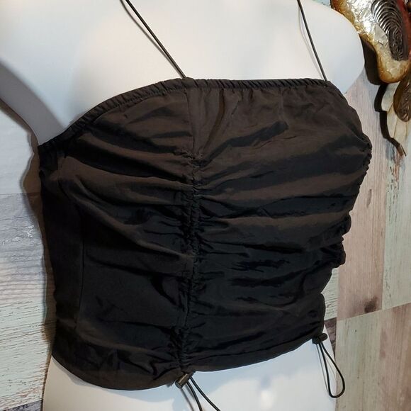 Honey Peach Sz L Black Nylon Drawstring Tank Top Spaghetti Strings 624 - Picture 1 of 8